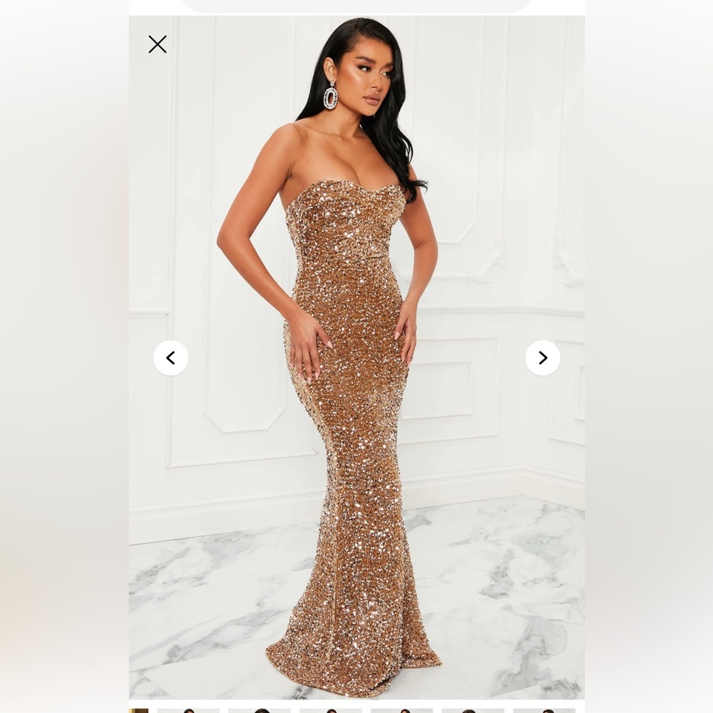 Fashion Nova Bronze Strapless Sequin Dress